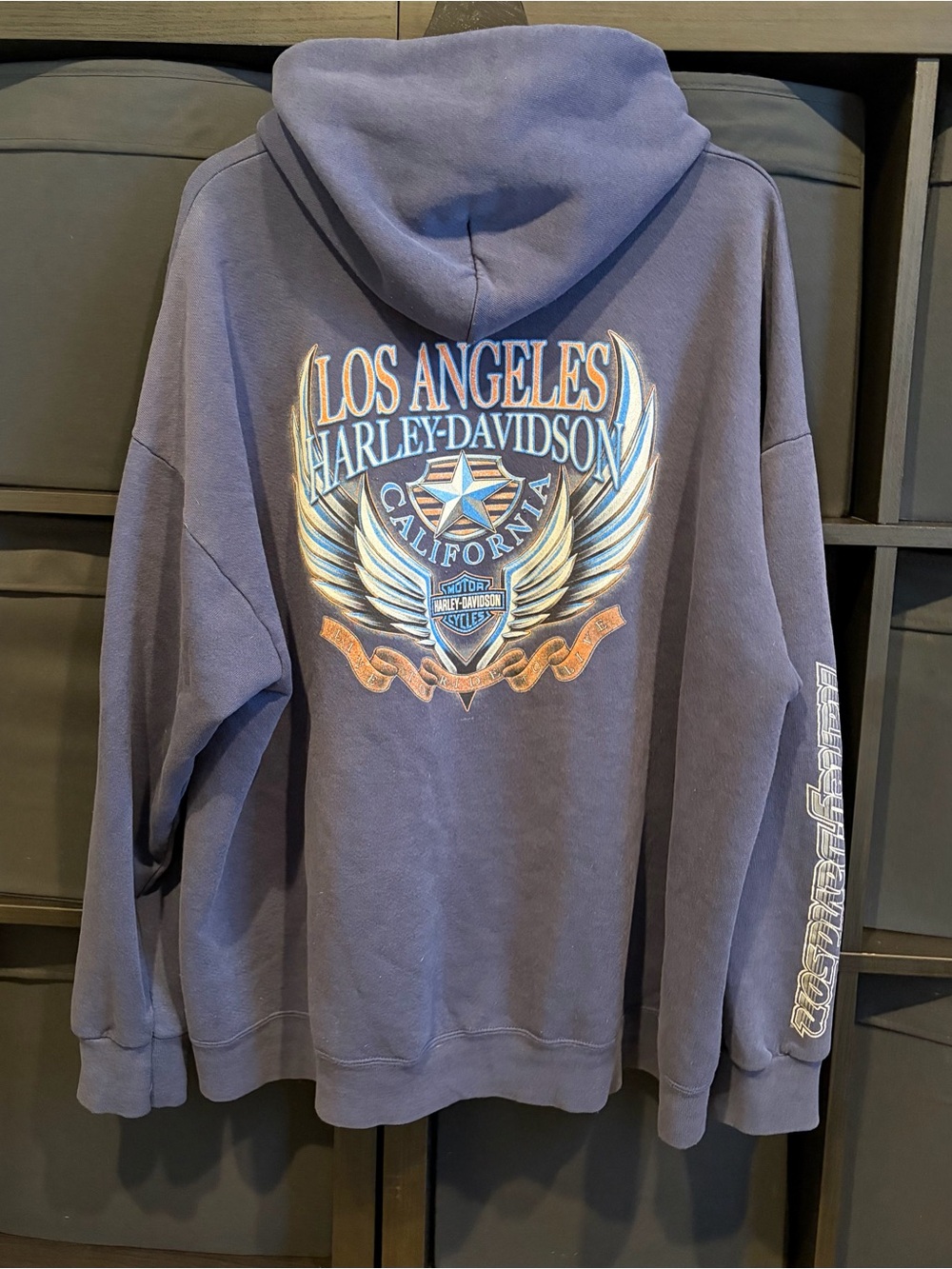 VTG 2007 Harley Davidson Los Angeles California 2XL ZipUp Hoodie Blue Wing Print